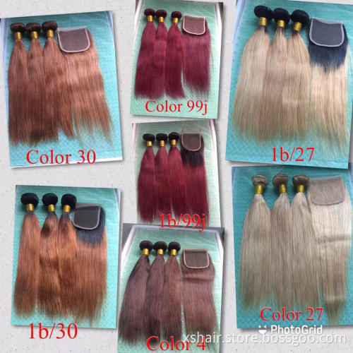 1B 99J Brazilian Natural Human Hair Bundles PreColored Highlight Hair Bundles 1b 27  1b 30  Human Hair Bundles with Lace Closure